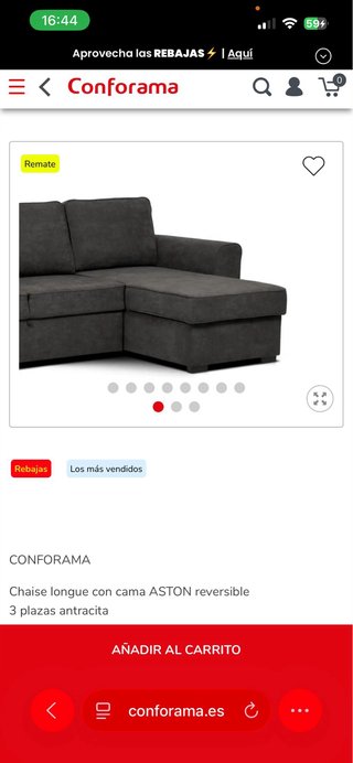 Sofá Chaise Longue Conforama ASTON Cama Gris