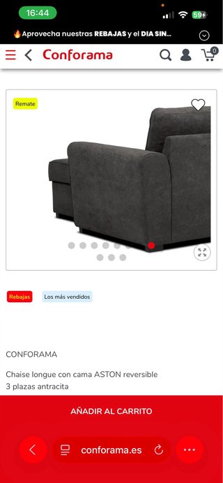 Sofá Chaise Longue Conforama ASTON Cama Gris