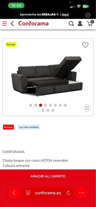 Sofá Chaise Longue Conforama ASTON Cama Gris