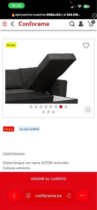 Sofá Chaise Longue Conforama ASTON Cama Gris