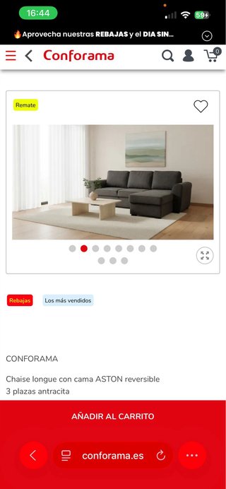 Sofá Chaise Longue Conforama ASTON Cama Gris