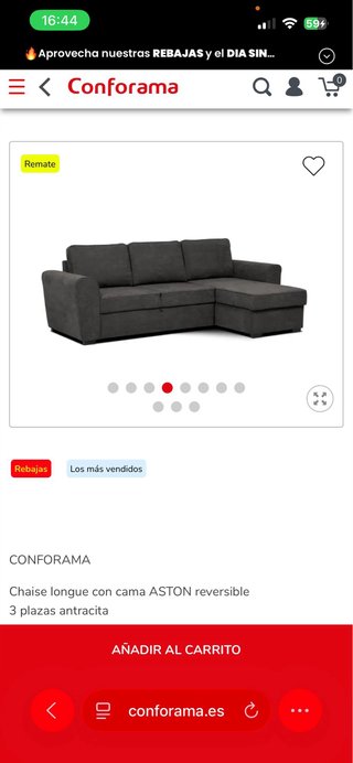 Sofá Chaise Longue Conforama ASTON Cama Gris