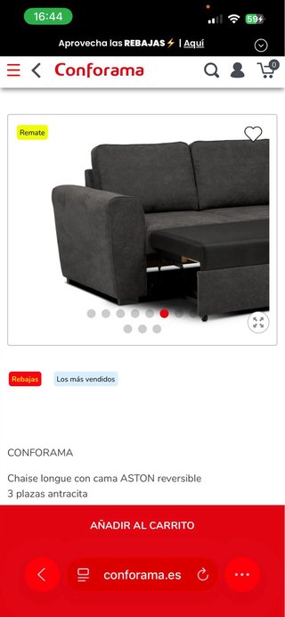 Sofá Chaise Longue Conforama ASTON Cama Gris