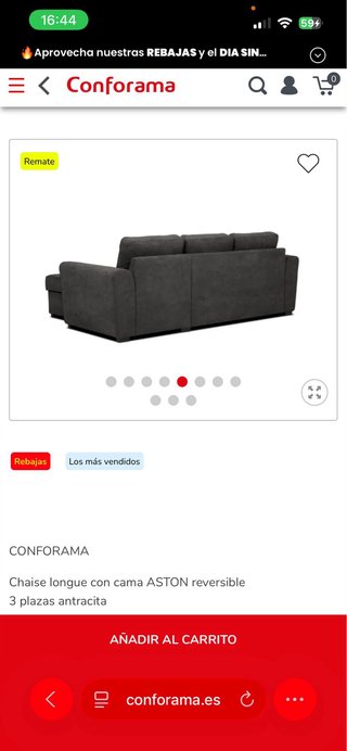 Sofá Chaise Longue Conforama ASTON Cama Gris