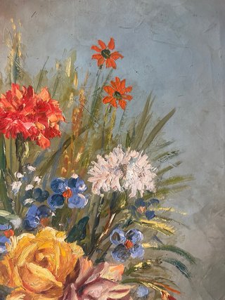 Pintura floral óleo jarrón azul