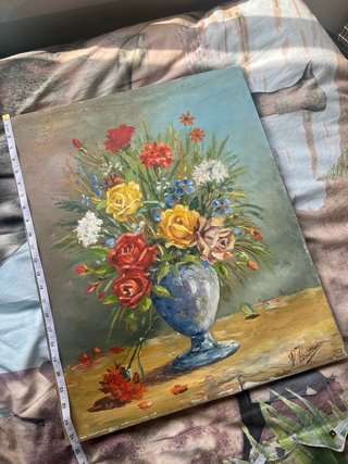 Pintura floral óleo jarrón azul