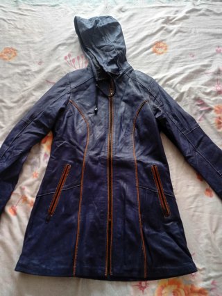 Cazadora Piel Mujer Azul con Capucha