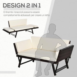 Divano da 2 posti con braccioli estensibili in rattan da giardino 129X63X67Cm bianco, marrone