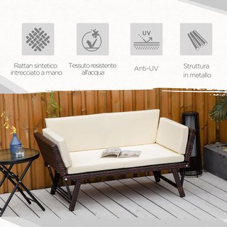 Divano da 2 posti con braccioli estensibili in rattan da giardino 129X63X67Cm bianco, marrone
