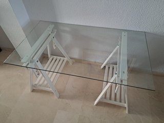 Mesa Cristal Caballetes Madera Blanca