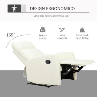 Poltrona Relax Reclinabile 165° Con Poggiapiedi Regolabile Ergonomico in Pelle PU, 65 × 92 × 100Cm Crema