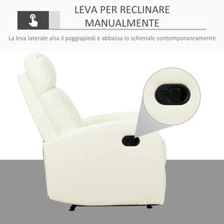 Poltrona Relax Reclinabile 165° Con Poggiapiedi Regolabile Ergonomico in Pelle PU, 65 × 92 × 100Cm Crema