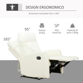 Poltrona Relax Reclinabile 165° Con Poggiapiedi Regolabile Ergonomico in Pelle PU, 65 × 92 × 100Cm Crema