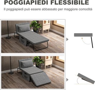 Pouf Cama Plegable Multiusos 4 en 1, Camilla Chaise Longue Ahorra Espacio Con Respaldo Reclinable en 5 Niveles, Gris