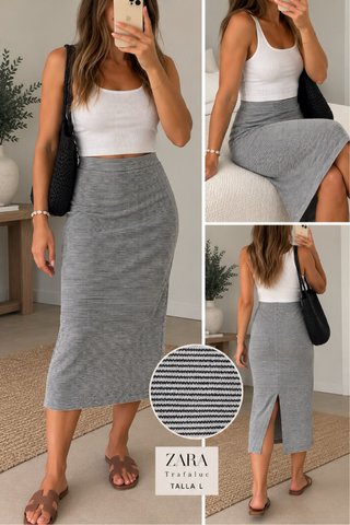 Falda midi Zara punto elástico gris T. L