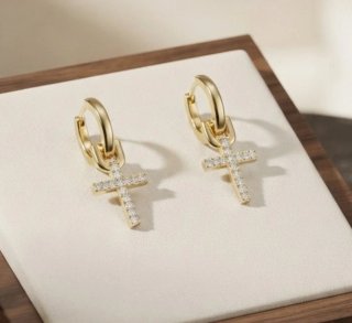Pendientes Aro Cruz Dorados con Strass