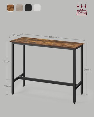 Tavolo da Bar Rettangolare Stretto, Tavolo Cucina, Tavolo da Pranzo, Struttura in Metallo, 40 X 120 X 90 Cm, Facile da Montare, Design Industriale, Marrone Vintage e Nero Tinta LBT120B01