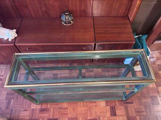 Mesa consola metal y madera verde y oro