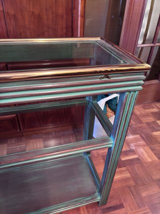 Mesa consola metal y madera verde y oro