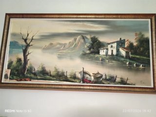 Cuadro antiguo paisaje con casa y barcas