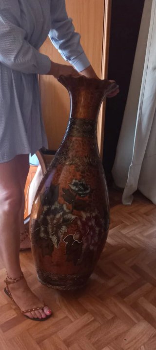 Jarrón Vintage Cerámica Marrón y Dorado