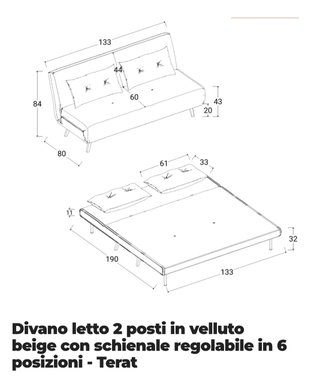 Divano letto 2 posti beige velluto