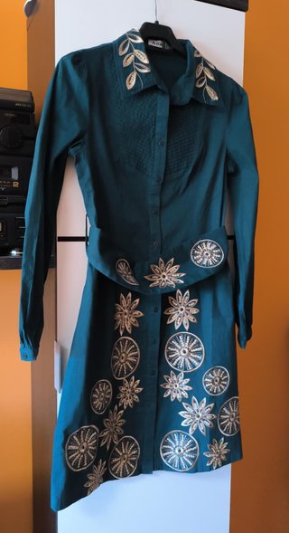 Vestido Camisero Étnico Anany Verde Dorado T.36