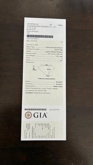 Diamante Natural GIA 1.01ct Cushion Cut F VS1