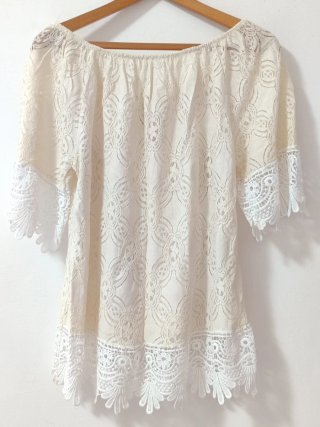 Top  spalle scoperte donna, panna  pizzo bianco