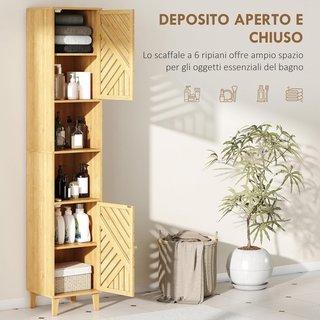 Mueble de Baño Alto de Columna con Puertas de Bambú, 2 Estantes Abiertos, 2 Armarios, Mueble de Baño Ahorra Espacio con Estantes Regulables para Comedor, Sala de Estar, 32X30X170 Cm, Color Madera