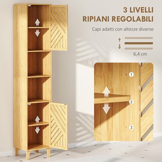 Mueble de Baño Alto de Columna con Puertas de Bambú, 2 Estantes Abiertos, 2 Armarios, Mueble de Baño Ahorra Espacio con Estantes Regulables para Comedor, Sala de Estar, 32X30X170 Cm, Color Madera