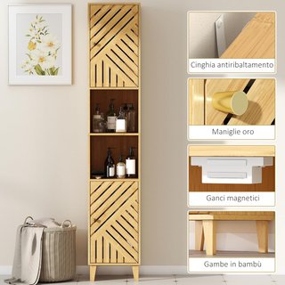 Mueble de Baño Alto de Columna con Puertas de Bambú, 2 Estantes Abiertos, 2 Armarios, Mueble de Baño Ahorra Espacio con Estantes Regulables para Comedor, Sala de Estar, 32X30X170 Cm, Color Madera
