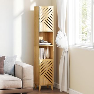 Mueble de Baño Alto de Columna con Puertas de Bambú, 2 Estantes Abiertos, 2 Armarios, Mueble de Baño Ahorra Espacio con Estantes Regulables para Comedor, Sala de Estar, 32X30X170 Cm, Color Madera