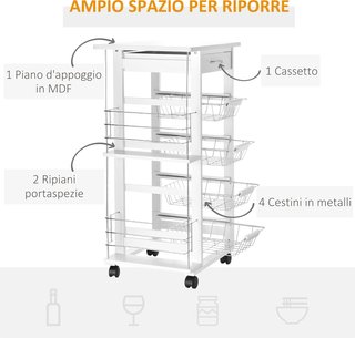 Carrito De Cocina Ahorrador De Espacio En Madera Blanca, Carro De Comida Con 1 Superficie De Trabajo, 1 Cajón Y 4 Cestos Metálicos, 47X37X83Cm