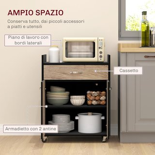 Carrito De Cocina Portacomidas Para Microondas Con Cajón Y Armario, Isla De Cocina De Madera Con 4 Ruedas Y Estante Regulable, 60X40X77 Cm, Negro Y Gris