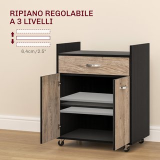 Carrito De Cocina Portacomidas Para Microondas Con Cajón Y Armario, Isla De Cocina De Madera Con 4 Ruedas Y Estante Regulable, 60X40X77 Cm, Negro Y Gris