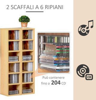 Estante Porta CD Set De 2 Piezas Con 6 Estantes 102 CD Para Casa De Madera MDF 21 X 19.2 X 88.3Cm Madera Natural