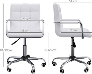 Silla de Oficina en Piel PU Blanca con 5 Ruedas Giratorias, Acolchado y Altura Regulable, 52.5X54X84-99Cm