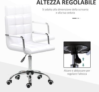 Silla de Oficina en Piel PU Blanca con 5 Ruedas Giratorias, Acolchado y Altura Regulable, 52.5X54X84-99Cm