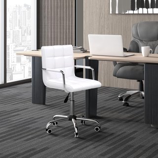 Silla de Oficina en Piel PU Blanca con 5 Ruedas Giratorias, Acolchado y Altura Regulable, 52.5X54X84-99Cm
