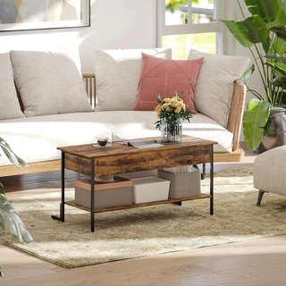 Mesa de Café Elevable con Compartimento Oculto y Estante Inferior, Mesa de Salón de Estilo Industrial en Madera y Metal, Marrón Rústico