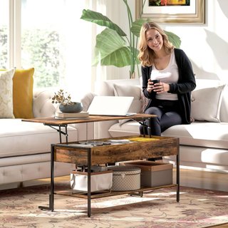 Mesa de Café Elevable con Compartimento Oculto y Estante Inferior, Mesa de Salón de Estilo Industrial en Madera y Metal, Marrón Rústico