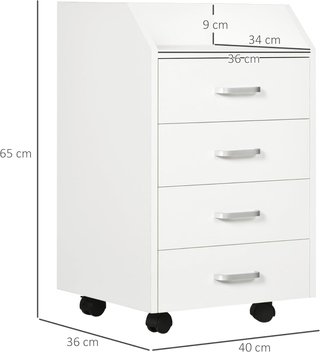 Comodino da Ufficio con 4 Cassetti Salvaspazio, Mobile da Ufficio con Ruote e Bordi Elevati, per Documenti e Cancelleria, 40X36X65Cm, Bianco