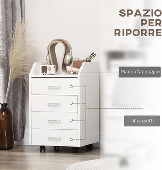 Comodino da Ufficio con 4 Cassetti Salvaspazio, Mobile da Ufficio con Ruote e Bordi Elevati, per Documenti e Cancelleria, 40X36X65Cm, Bianco