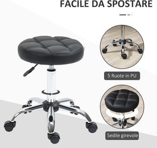 Juego de 2 Taburetes con Ruedas, Asiento Giratorio y Altura Regulable, Taburete para Esteticista y Peluquero Tapizado en Piel Sintética PU, Negro