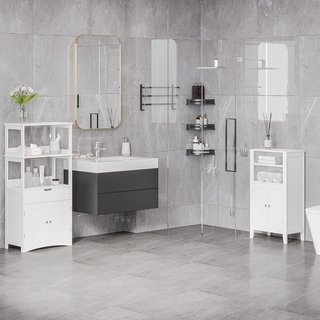 Mueble de Baño con Estantes Ajustables y Armario de 2 Puertas, Mueble de Baño Multiusos de Madera, Blanco, 50X30X93Cm