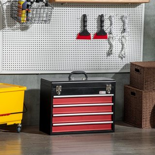 Caja de Herramientas de Acero, Maletín de Herramientas Vacío con 4 Cajones y Bandeja Superior con Doble Cerradura, 51X22X39.5 Cm, Rojo y Negro