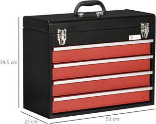 Caja de Herramientas de Acero, Maletín de Herramientas Vacío con 4 Cajones y Bandeja Superior con Doble Cerradura, 51X22X39.5 Cm, Rojo y Negro