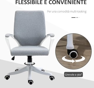Silla De Oficina Ergonómica Con Altura Regulable, Silla De Escritorio Con Cojín Giratorio 360° Y Función De Balanceo, En Tejido Efecto Lino Transpirable, Para Estudio, Gris