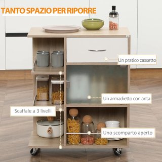 Carro De Cocina Moderno Con Cajón, Estantes Y Armario, Isla Para Cocina Portacomidas En Madera, Acero Y Vidrio, 65X39X80Cm